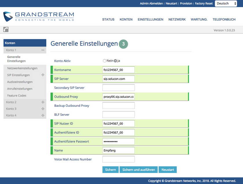 Kontoeinstellungen Grandstream GXP2140