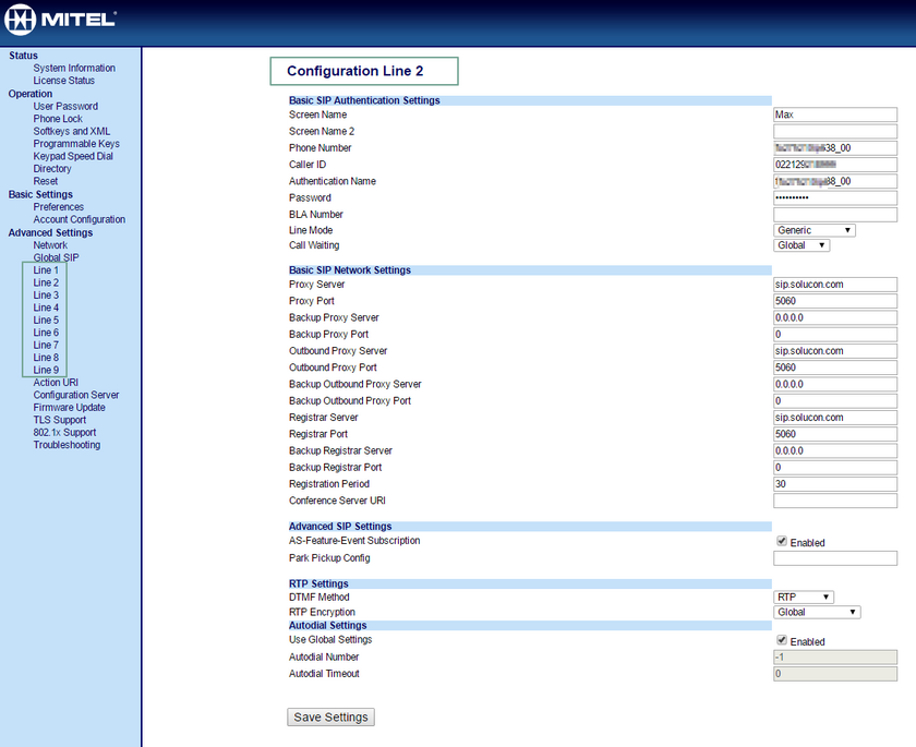 Administrationsoberfläche Mitel/ Aastra