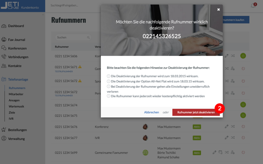fonial Kundenkonto Rufnummern deaktivieren Schritt 2