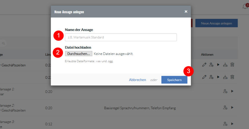 Ansicht fonial Kundenkonto neue Ansage anlegen