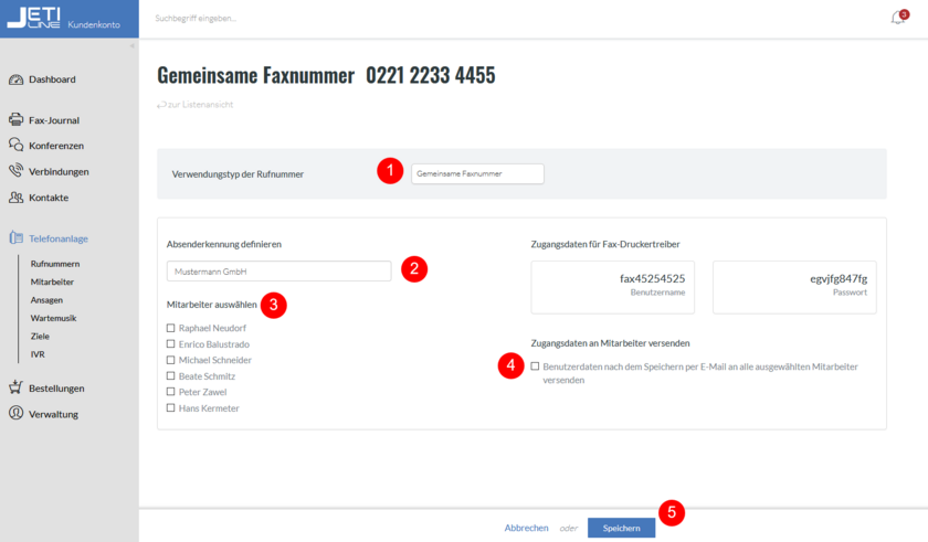 fonial Kundenkonto gemeinsame Faxnummern bearbeiten Schritt 2