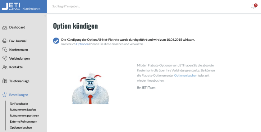 fonial Kundenkonto Optionen Kündigungsbestätigung
