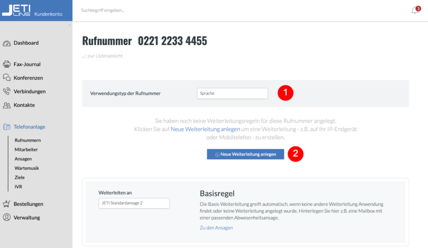 Schnelleinrichtung der Rufnummer