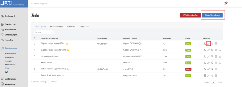 Ziele neu anlegen oder bearbeiten in der Telefonanlage