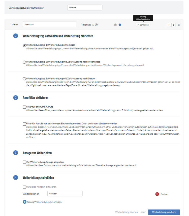 Übersicht Weiterleitungsziel anlegen