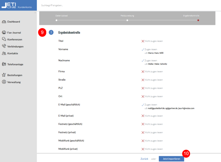 Kontaktimport per CSV: Ergebniskontrolle