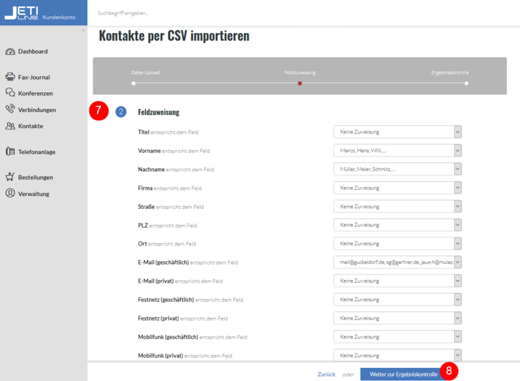 Kontaktimport per CSV: Feldzuweisung