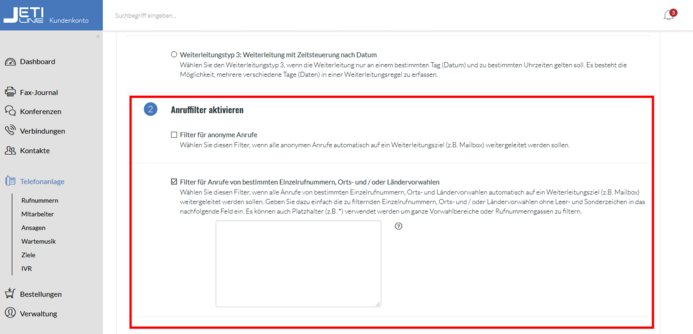 Ansicht Funktionen Selektive Gesprächsannahme: Anruffilter
