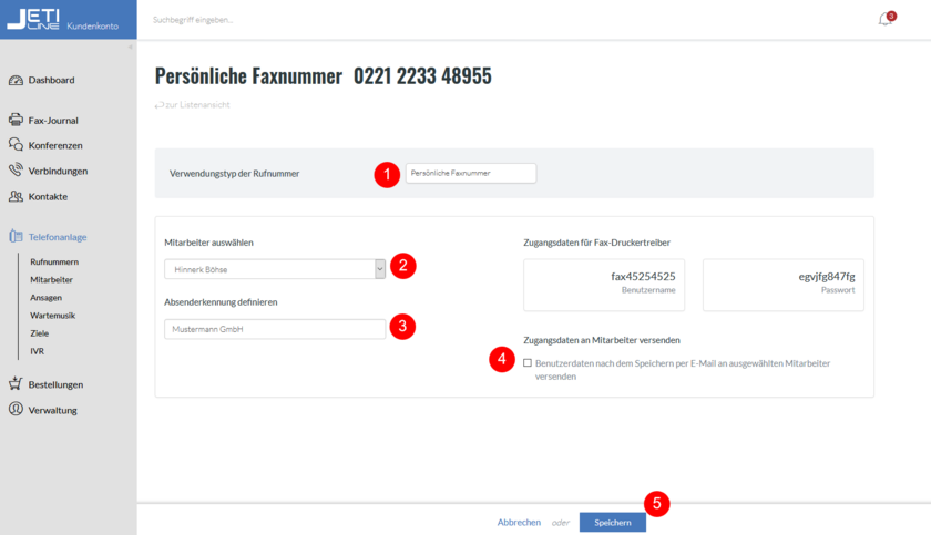 fonial Kundenkonto persönliche Faxnummern bearbeiten Schritt 2