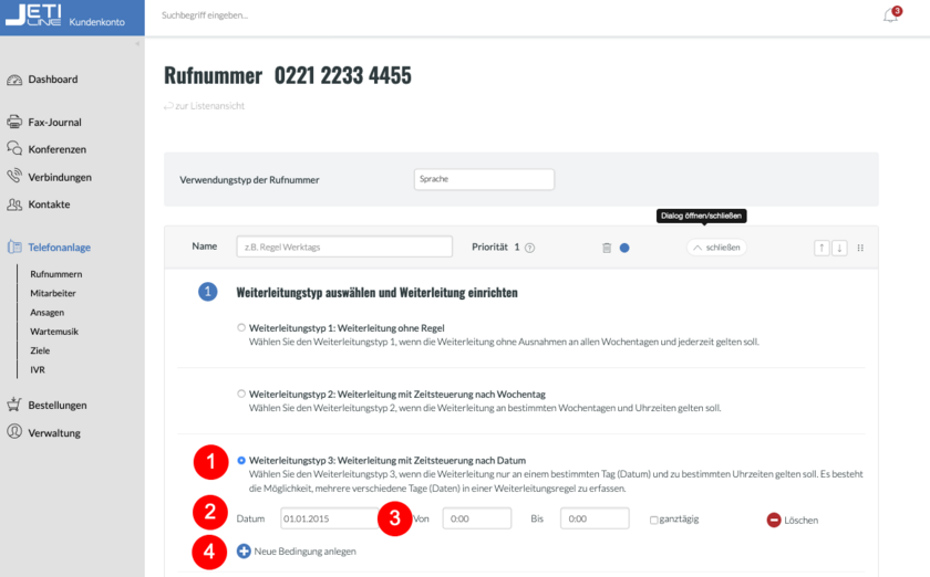 Weiterleitungstyp 3: Weiterleitung mit Zeitsteuerung nach Datum
