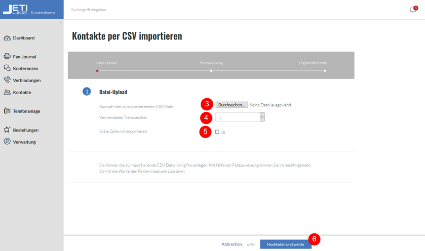 Einstellungen des CSV imports