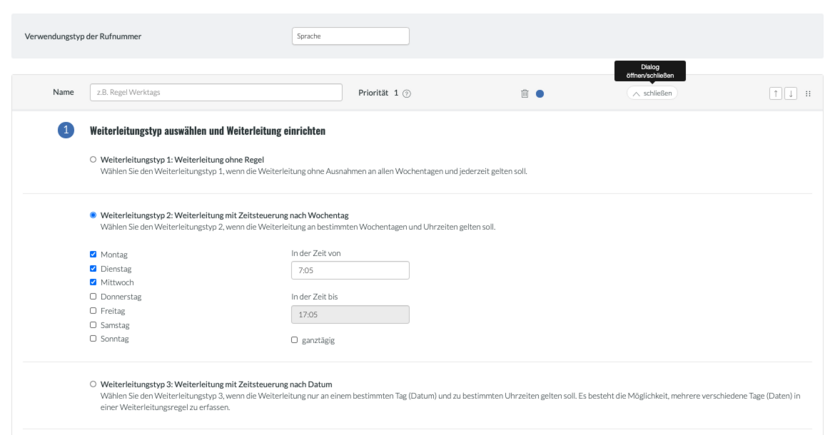 Ansicht fonial Kundenkonto Selektive Anrufweiterleitung