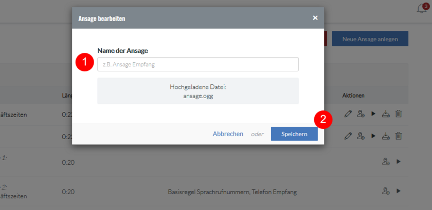 Ansicht fonial Kundenkonto Ansage bearbeiten