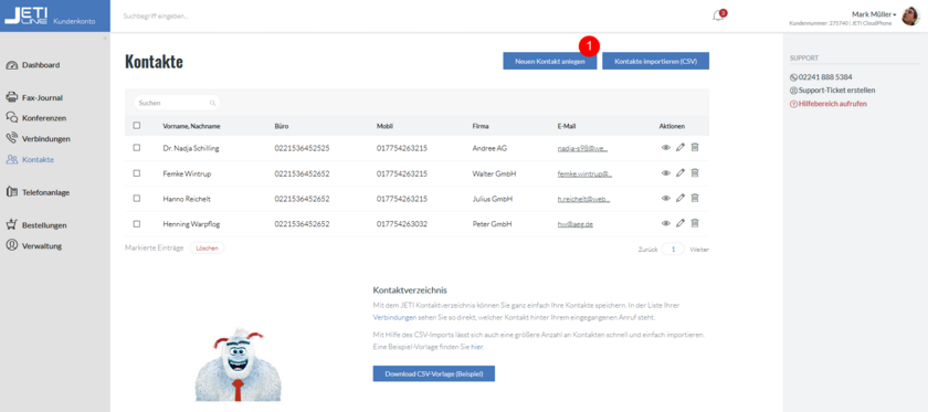 Kundenkonto Kontakte neuer Kontakt anlegen