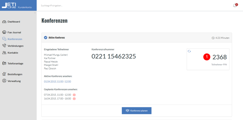 Funktionen Konferenz anmelden PIN