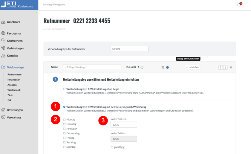 Weiterleitungstyp 2: Weiterleitung mit Zeitsteuerung nach Wochentag 