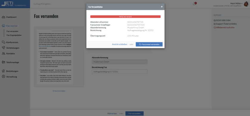 Funktionen Fax-Journal Fax Versandstatus