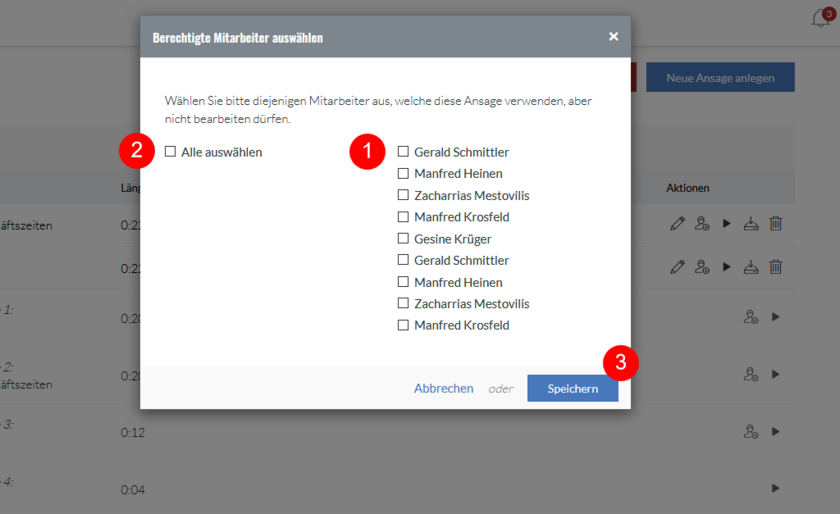 Ansicht fonial Kundenkonto Berechtigte Mitarbeiter für Ansage wählen