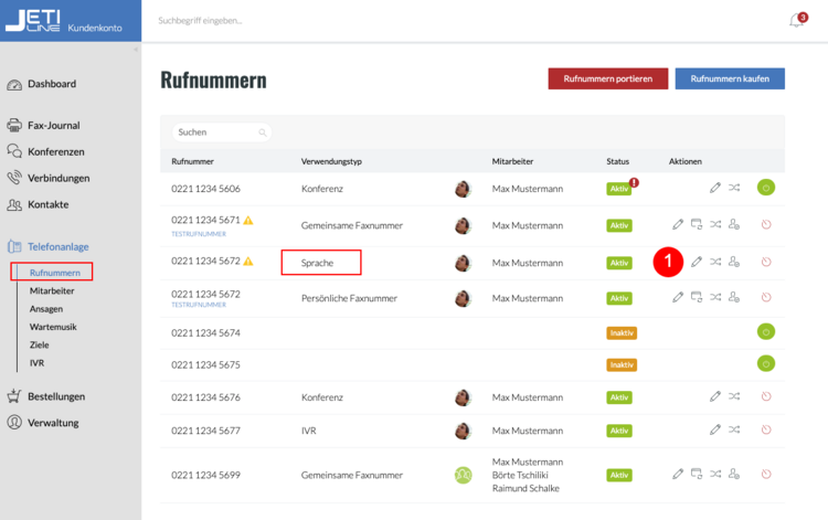 fonial Kundenkonto Sprachrufnummern bearbeiten Navigation