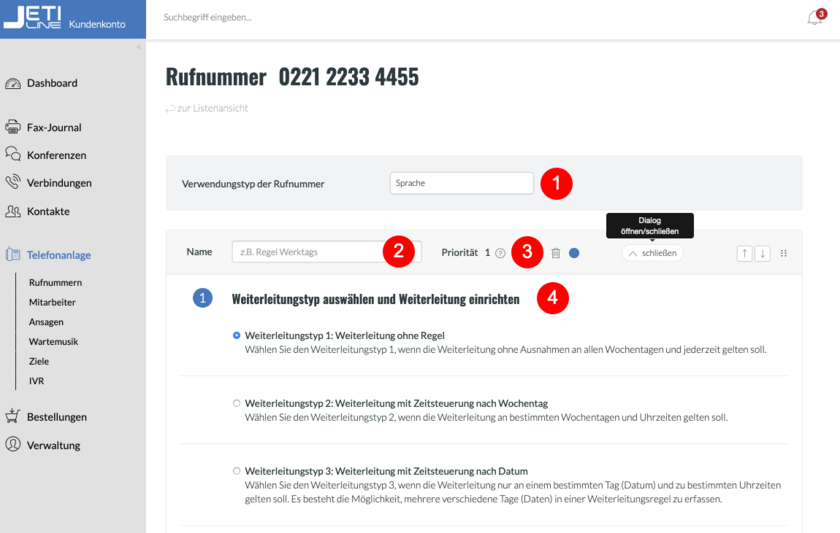 fonial Kundenkonto Weiterleitungsregeln einrichten