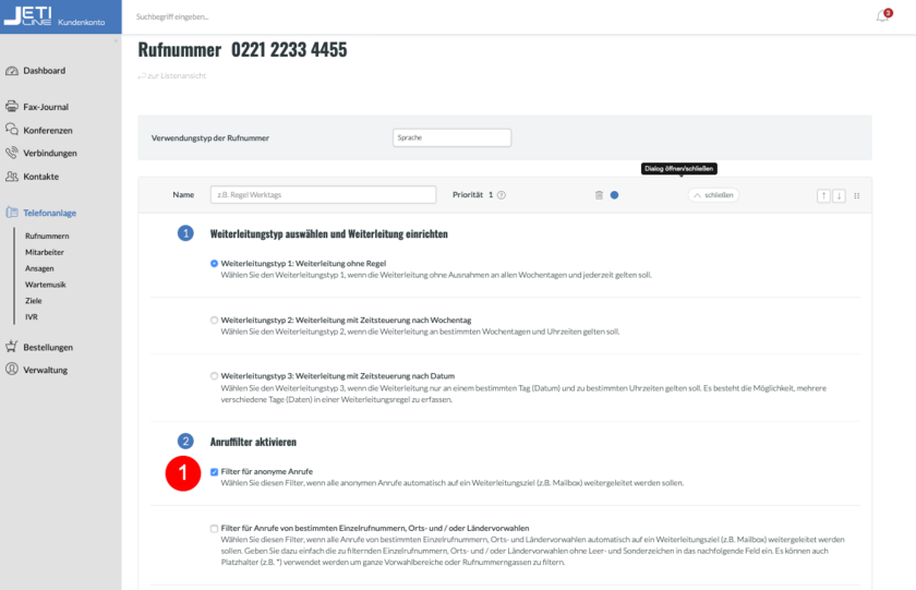 fonial Kundenkonto Anruffilter für anonyme Anrufe